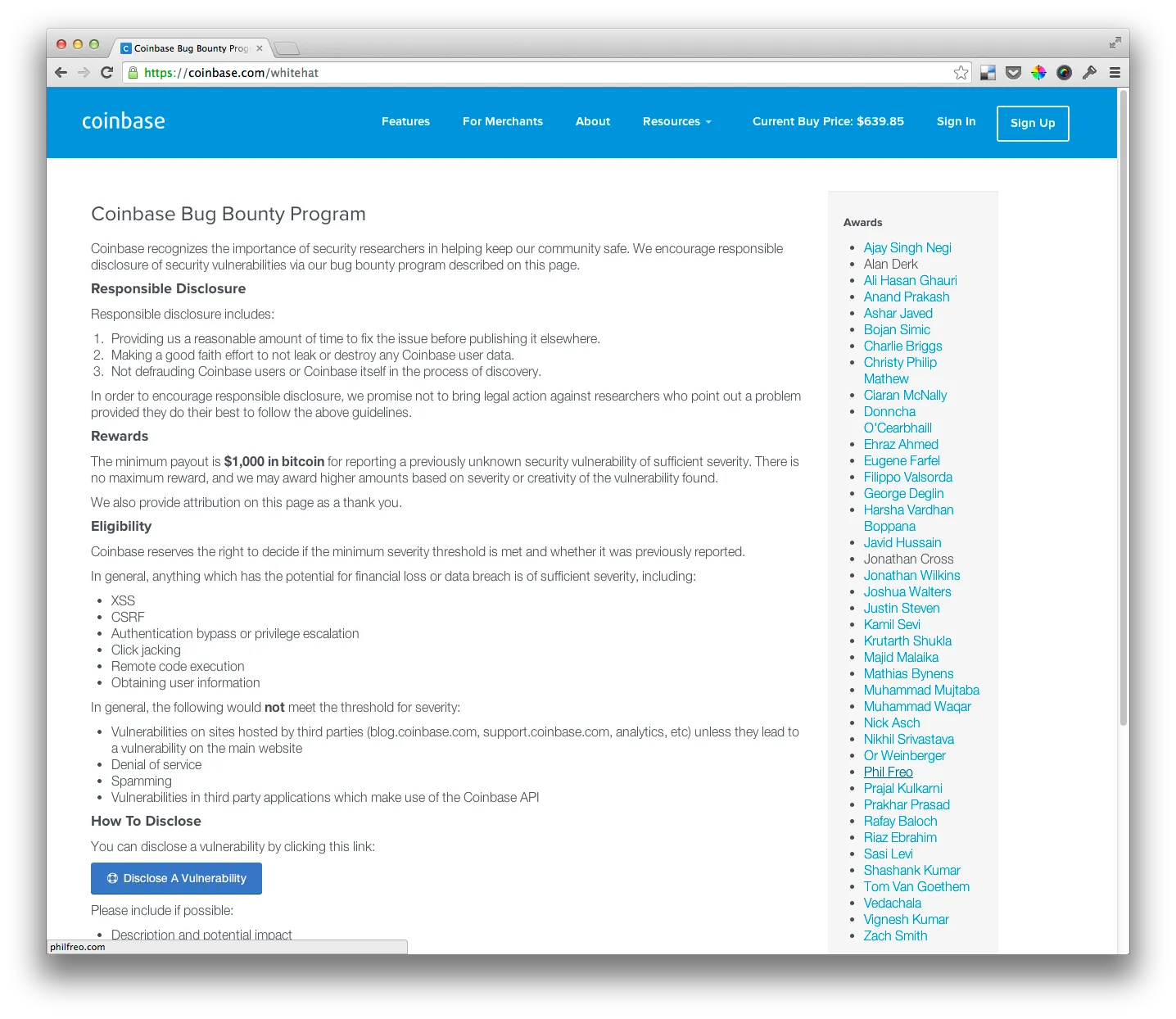 Coinbase Bug Bounty Program page, with Phil Freo listed in the Awards sidebar
