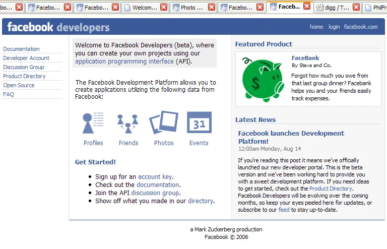 The Facebook Developers (beta) home page in 2006, with links to sign up for an API key, documentation, and the application directory