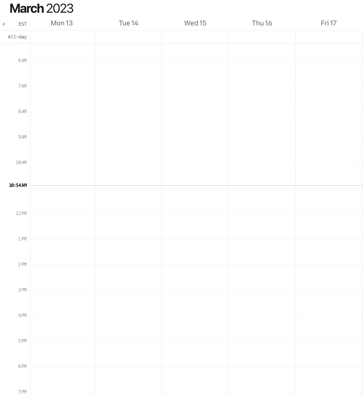 A completely empty work-week calendar