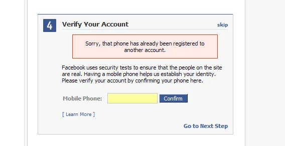 Facebook “Verify Your Account” step asking for a mobile phone number, showing the error “Sorry, that phone has already been registered to another account.”