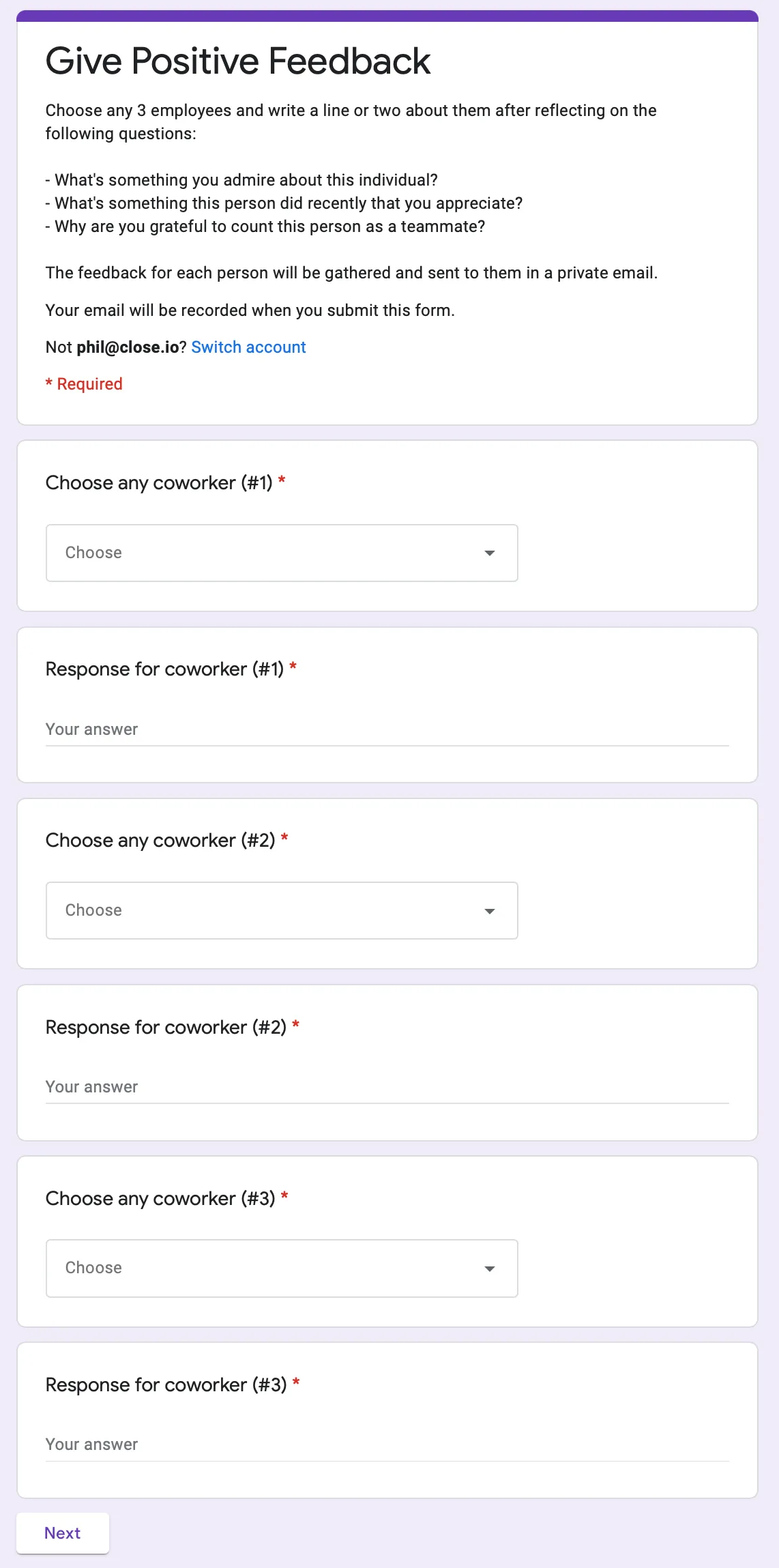 Google Form titled “Give Positive Feedback”: choose any 3 coworkers and write a line or two – what you admire about them, something they did recently that you appreciate, and why you’re grateful to count them as a teammate