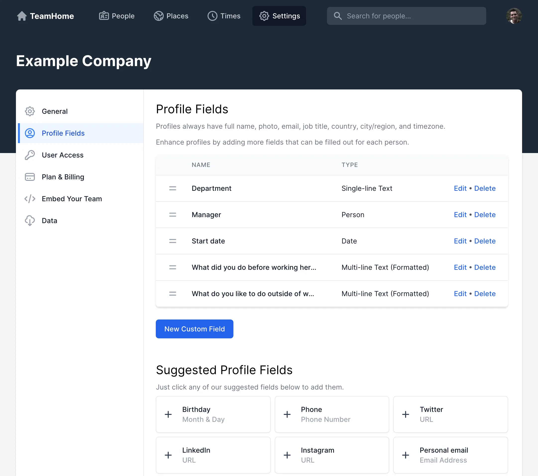 TeamHome custom profile fields