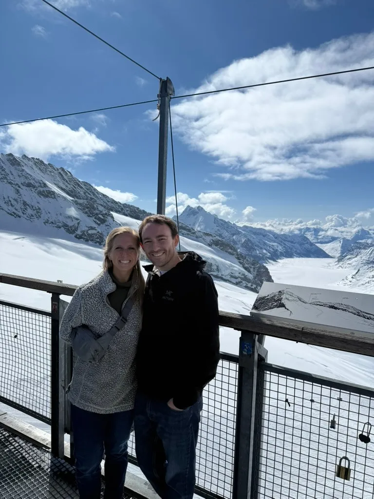 My wife and me at the Jungfraujoch, with the Aletsch Glacier behind us