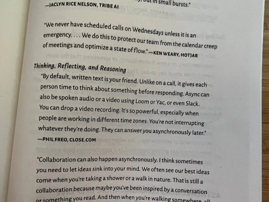 Book page quoting me on why written text is the default for async work