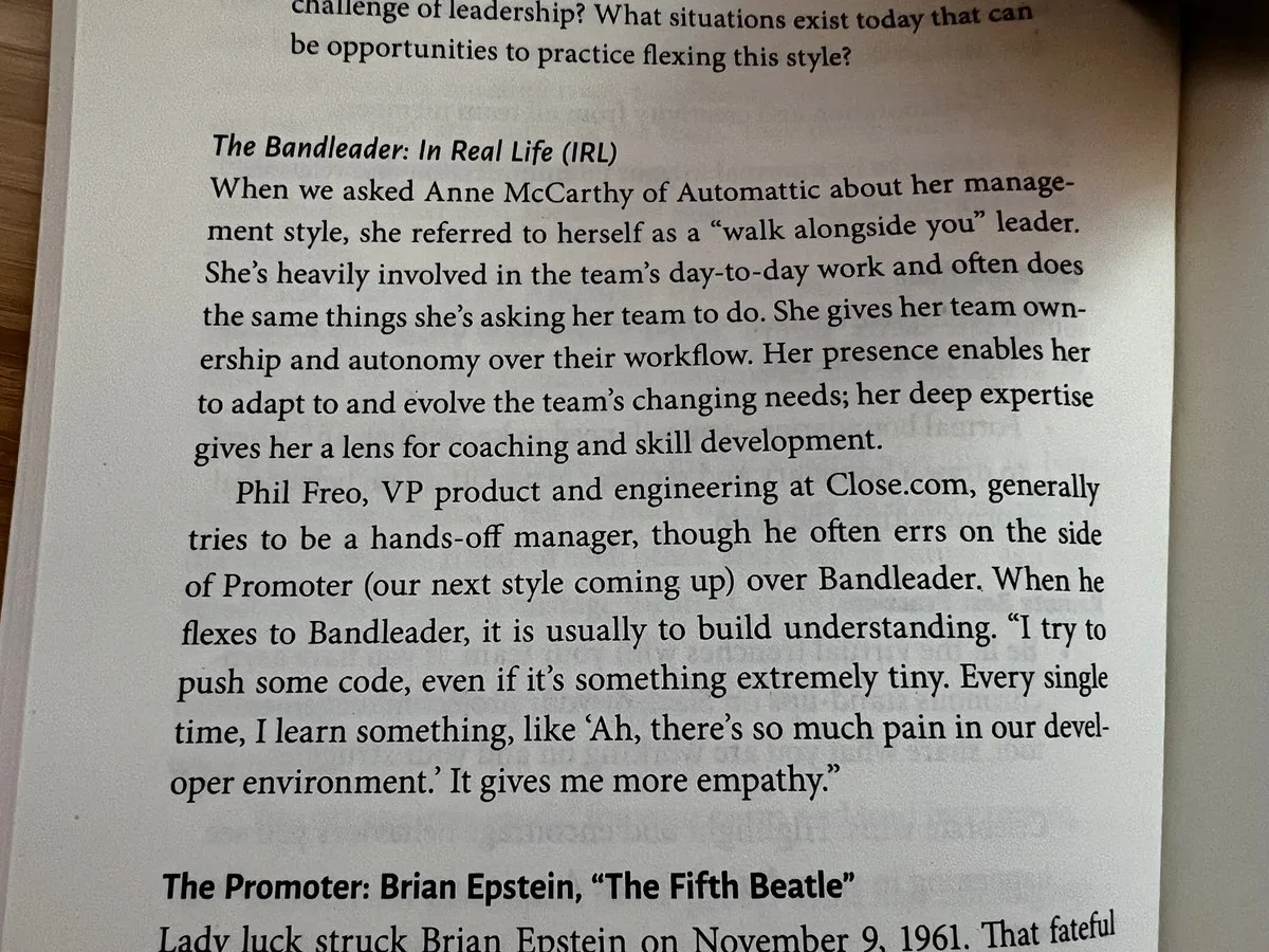 Book page describing my management style and quoting me on pushing code