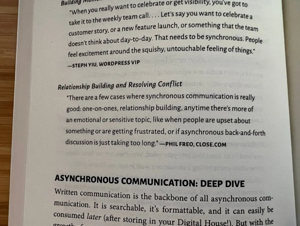 Book page quoting me on when synchronous communication is useful