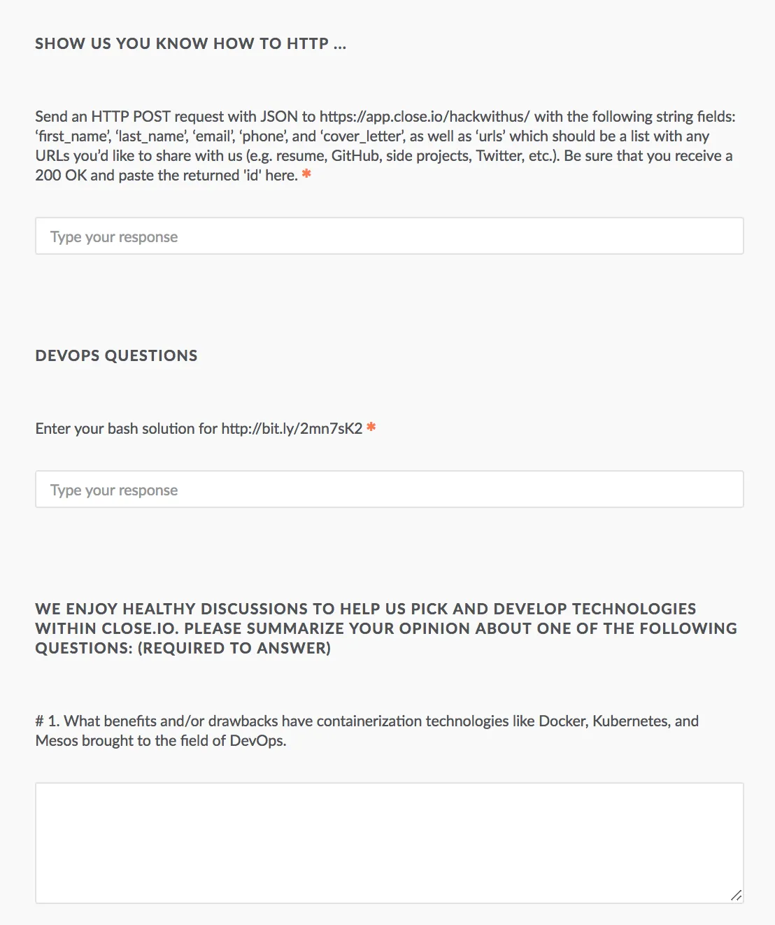 Close’s application form: “Show us you know how to HTTP” asks candidates to POST JSON to an API, followed by DevOps and discussion questions