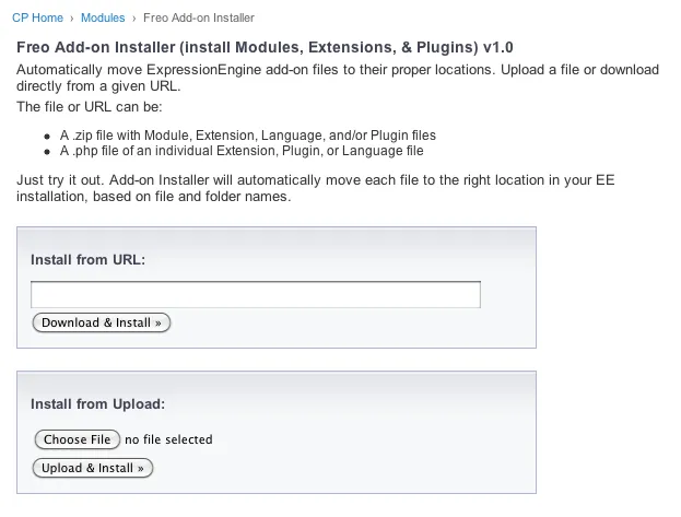 Freo Add-on Installer for ExpressionEngine Freo Add-on Installer for ExpressionEngine