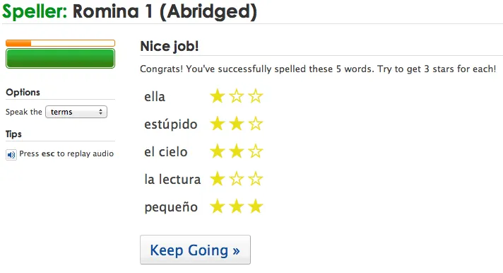 Checkpoint screen prototype with 3 stars per word