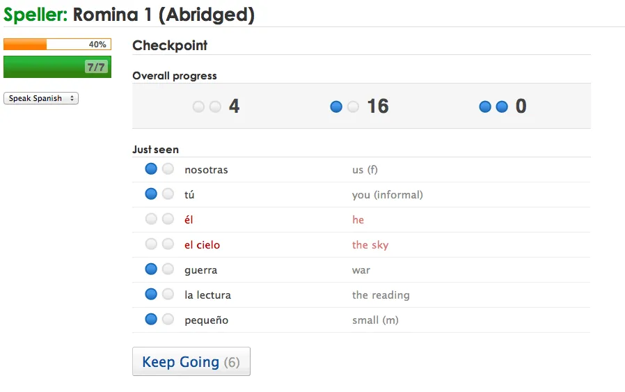 Checkpoint screen prototype with overall progress dots