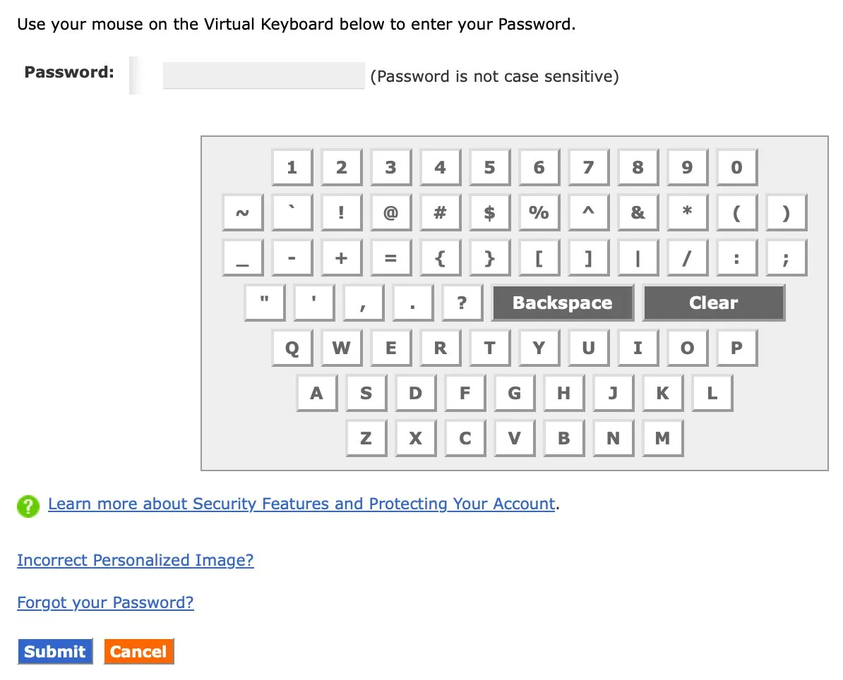 TreasuryDirect’s login form: “Use your mouse on the Virtual Keyboard below to enter your Password”